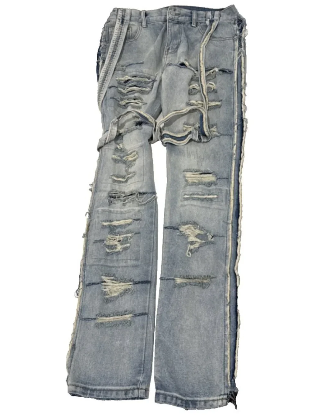 mnml Streetwear Torn Ripped Shredded Flared Light Wash Jeans Mens Size 33X36